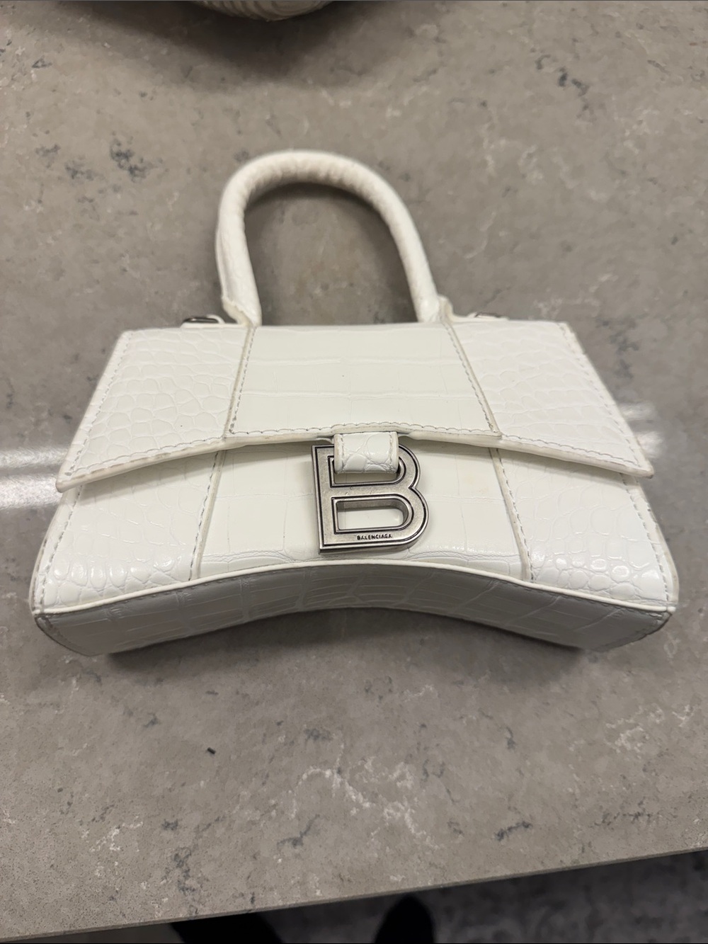 Balenciaga White Croc-Embossed Hourglass Mini Top-Handle Bag